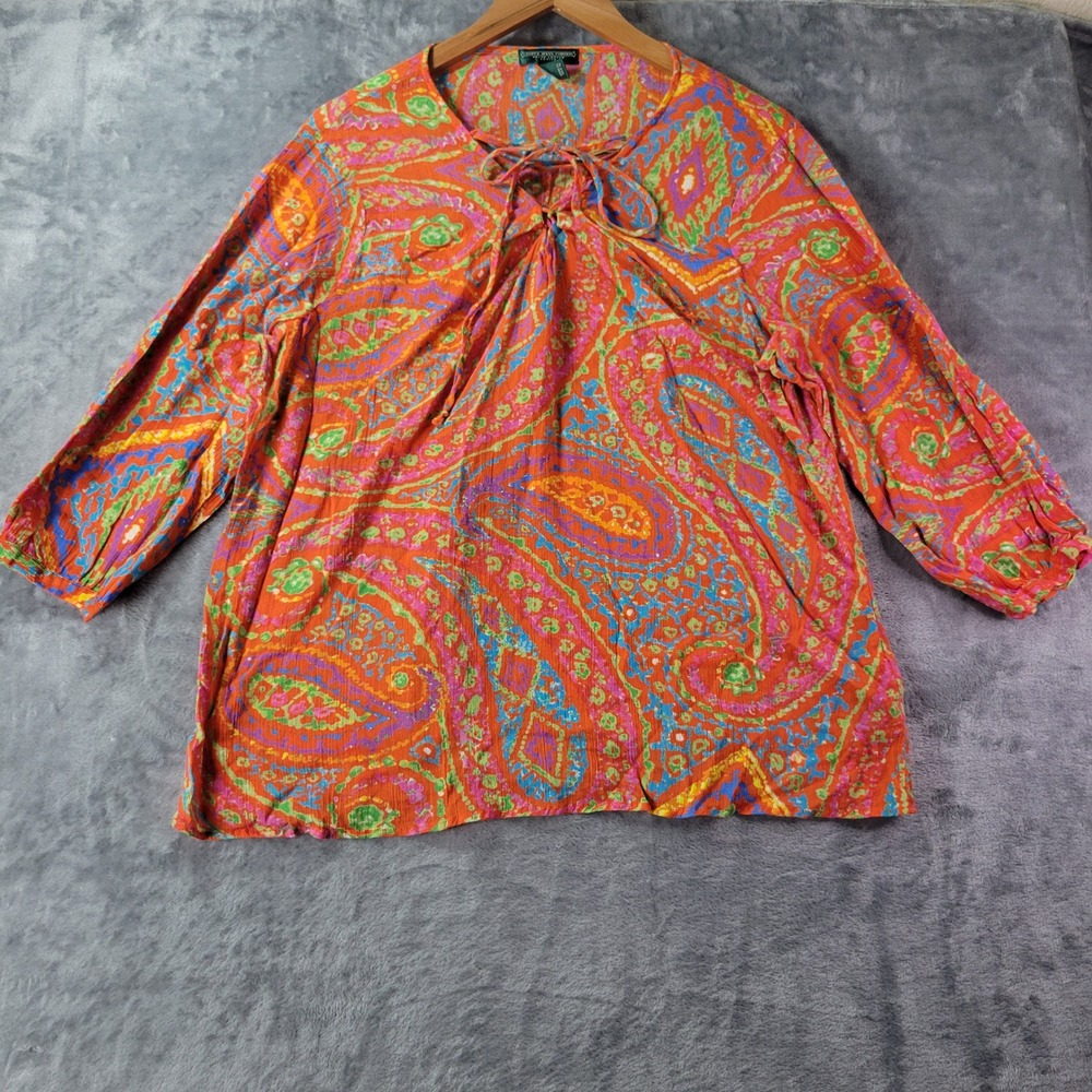 Lauren Ralph Lauren Jeans Co Petite‎ Boho Paisley Top PL Lace Up 100% Cotton